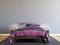 Horizontal mock up poster frame in modern interior background, luxury bed with clean purple bedding in modern bedroom