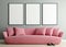 Horizontal mock up poster frame in modern interior background, millennial pink sofa in living room, Scandinavian style