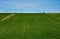 horizontal photo of an agriculture field with green crops and an irrigation watering system to water the grass to grow the wheat