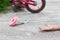 Horizontal photo of closeup bicycle for children accident on the