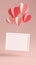 Horizontal photo frame mockup floating with paper hearts and copyspace for Valentines day in 3D rendering. Elegant illustration