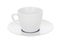 horizontal photograph of a white cup and saucer