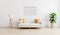 Horizontal picture frame in bright modern living room with white sofa, floor lamp and green plant on wooden laminate. Scandinavian