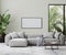 horizontal picture frame in living room interior mock up in gray tones with tropical palm tree leaves, 3d render