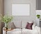 Horizontal poster frame mockup in cozy beige living room, 3d rendering