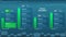 Horizontal quarterly roadmap for game project with energy tanks to show progress on blue background. Timeline infographic template