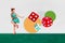 Horizontal retro photo collage of young overjoyed girl dance at party event play board game throw dice casino on white