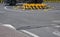 Horizontal road marking lanes. highway concrete barriers on the road. vehicle collision lane separator. yellow color with black st