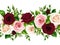 Horizontal seamless border with burgundy, pink and white roses. Vector illustration.