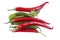 A horizontal series of green and red chili peppers