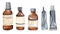 Horizontal set of glass brown bottles and tubes of cosmetic cream hand drawn watercolor on a white background.