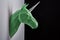 Horizontal shoot of green unicorn`s head hanging on grey shadowed wall.