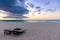 Horizontal shot of the beautiful view of the beach and sea, with umbrella and chairs in Aruba