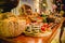 Horizontal shot of a buffet table full of baskets of pastry decorated with some greenery and flowers