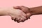 Horizontal shot of handshake between African American man and Caucasian woman pose over pink background, greet each other,