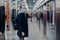 Horizontal shot of man traveler poses on metro station, wears medical mask during coronavirus time, waits for train, commutes to