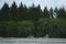 Horizontal shot of a peaceful beach in Bamfield, Canada with people resting and trees in the back