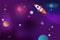 Horizontal space background with with flying rocket and planets. Web design. Space exploring. Vector illustration.