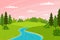 Horizontal spring summer landscape. Sunset, pink sky. A forest with trees, bushes, and a stream or river. Clear weather. Color