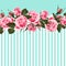 Horizontal striped pattern with pink rose, peony, leaves and bud.