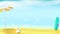 Horizontal summer background with sun umbrella, inflatable ball and surfboard. Sunny beach with Golden sand and blue sky
