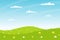 Horizontal summer landscape. A field, glade with whitw and yellow flowers, hills. Clear weather. Color vector illustration. Nature
