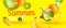 Horizontal summer sale banner with flying fruit on yellow background.
