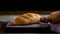 Horizontal video of a rye bread, wheat bran, a hand with a knife is shown cutting a loaf of bread