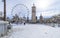 Horizontal view of cervantes square in the city of alcala de henarees covered of snow