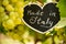 Horizontal View of Close Up of Blackboard with the sentence Made in Italy in Blurred Plantation of White Table Grapes at Midday in