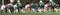 Horizontal view of two football teams lined up in the shotgun ready to start a play