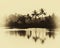 Horizontal vintage sepia palms reflections on the lake