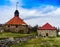 Horizontal vivid medieval tower castle with flag