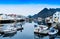 Horizontal vivid Norway town mountain quay reflections lights ba