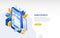 Horizontal web banner template with smartphone, flying paper plane, coins, shopping bags and place for text. Mobile