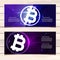 Horizontal web banner with white sign bitcoin, dark blue and dark violet background with place for your text.