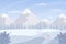 Horizontal winter, snowy landscape. Mountains, snow path, snowdrifts, fir trees, snow-covered bushes. Color vector illustration.