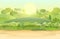 Horizontally Road. Amusing beautiful forest landscape. Cartoon style. The path through the hills with grass. Trail. Cool