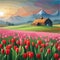 Horizontally vector illustration vast fields red tulips in beautiful