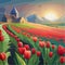 Horizontally vector illustration vast fields red tulips in beautiful