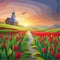 Horizontally vector illustration vast fields red tulips in beautiful