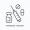 Hormone therapy flat line icon. Vector outline illustration of pill, bottle and syringe. Black thin linear pictogram for