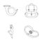 Horn, game in hand, backpack with things, steel cap.Hunting set collection icons in outline style vector symbol stock
