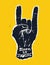 Horn gesture and `Born to Rock` text. Rockstar concept. Vector illustration. Horns gesture grunge composition on white