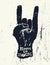 Horn gesture and `Born to Rock` text. Rockstar concept. Vector illustration. Horns gesture grunge composition on white