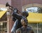 Horn player and drummer in a bronze sculpture of three jazz musicians titled `Jazz` by Gary Alsum in Edmond, Oklahoma.