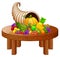Horn of plenty with vegetables and fruits on round wooden table