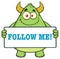 Horned Green Monster Cartoon Character Holding Follow Me Sign