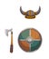 Horned helmet, wooden shield, battle axe