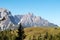 Hornischegg - Herd of wild horses grazing on alpine meadow with scenic view of Sextner Rotwand, Sexten Dolomites